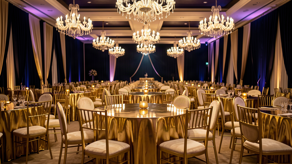 Shadi hall stage set with gold PVD backdrop and bridal throne, Pakistan